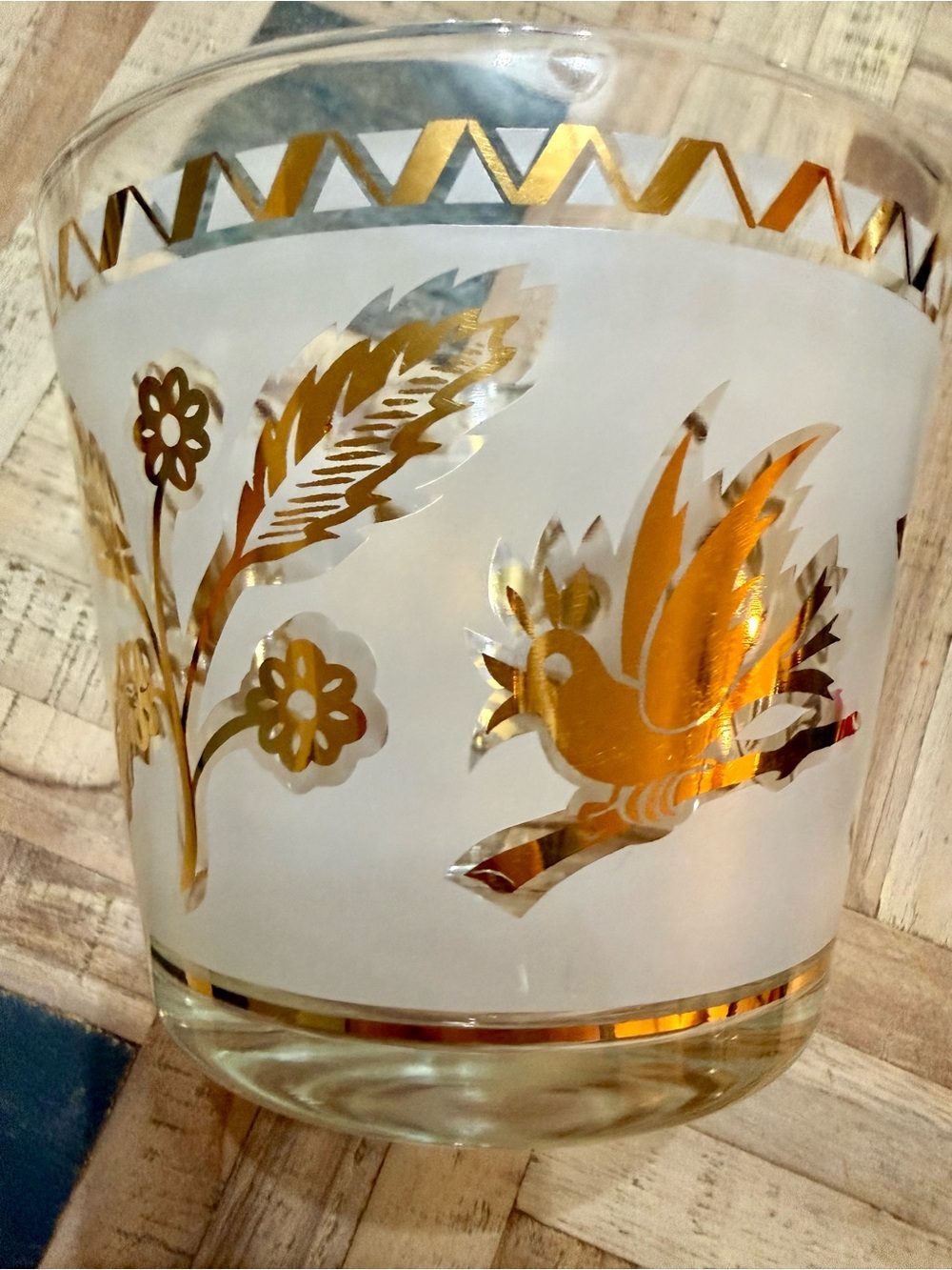 Vintage MCM Ice Bucket Frosted Glass 22kt Gold Libbey/Starlyte Style